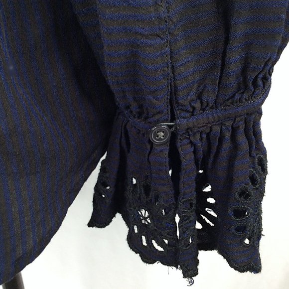 Ann Taylor LOFT Blouse Womens Size Small Ruffle Eyelet Cuff Embroidered Striped - Picture 8 of 8